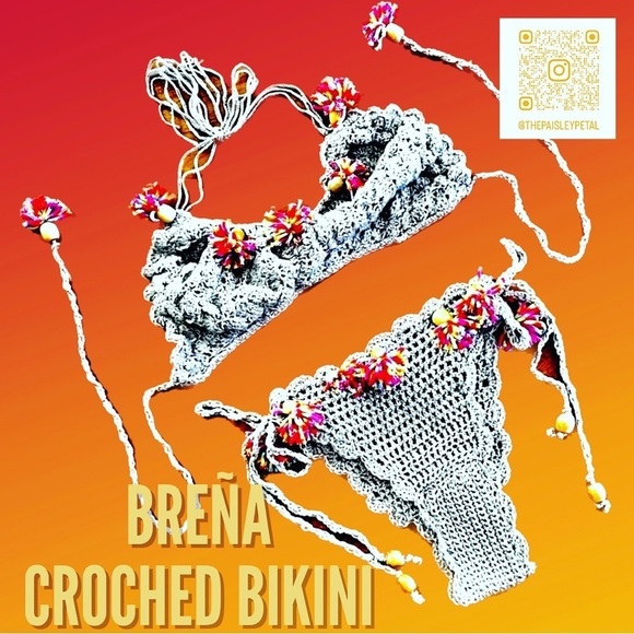 GRAY BIKINI AND SWIM COVER SET WITH MULTI COLORED TASSELS - Picture 1 of 17